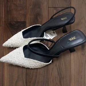 Zara Tweed Pointed Toe Slingback Kitten Heels Cream Black Size 41 US 10